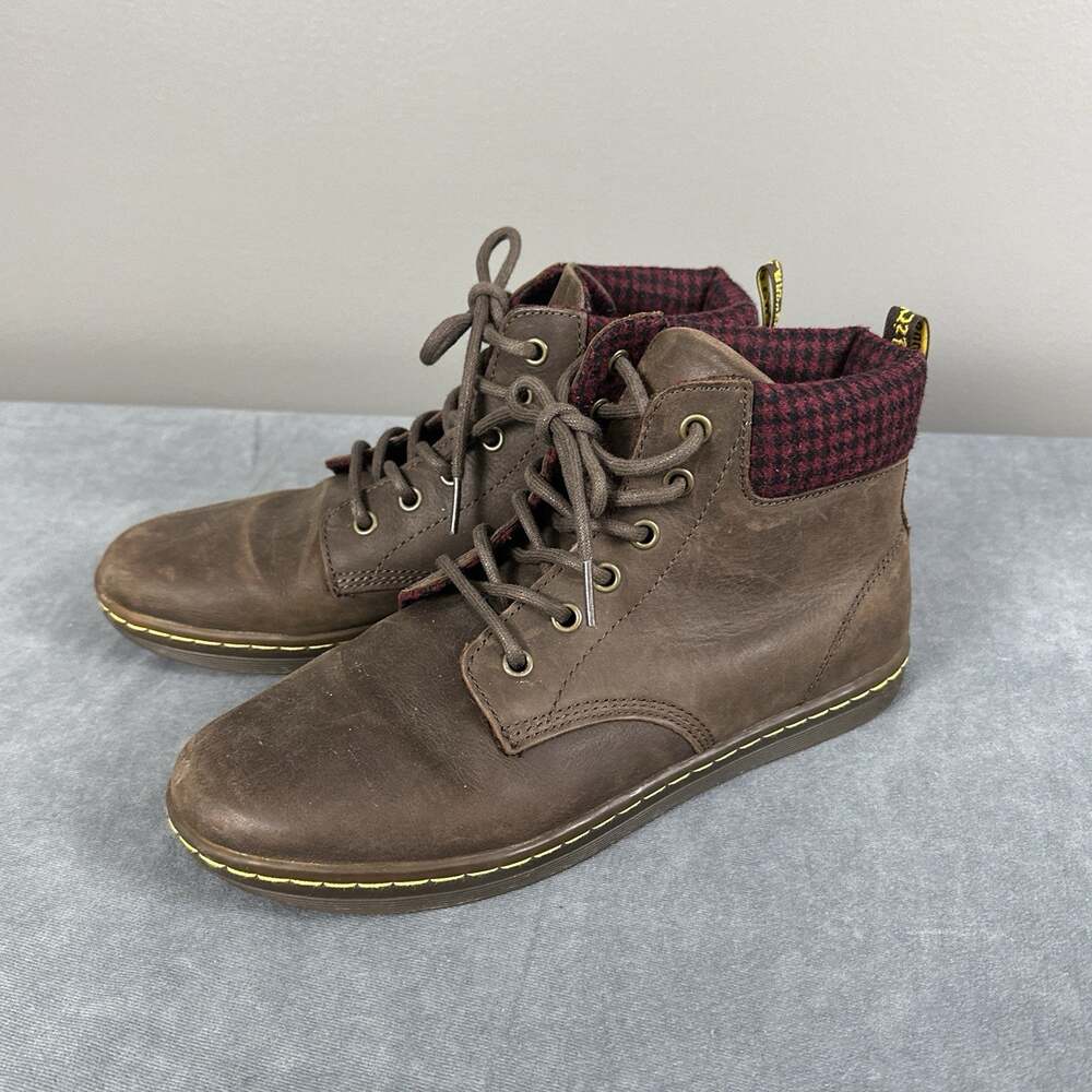 Dr Martens Maelly Womens 9 Brown Leather Red Plaid Cuff Ankle Boots Lace Up